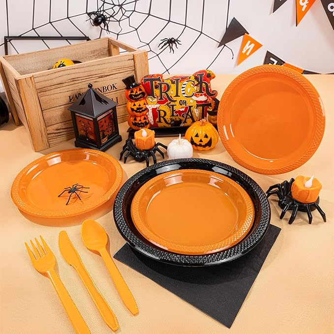 MirthMood 350PCS black and orange Plastic Plates,Black Disposable Plates –Plastic Plates Set Includes 50 Dinner,50 Dessert Plate,50 Cup&50 Napkins, 50 orange Silverware for Parties&Thanksgiving