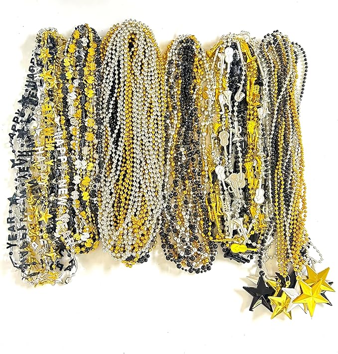 90 Pcs with 6 Styles Happy New Year Bead Black Gold Silver New Year New Year's Eve Beads Gift New Year Party Decorations