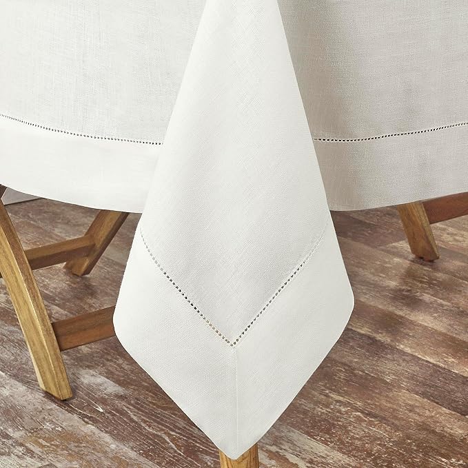 D'Moksha Homes Ivory Linen Tablecloth for Rectangle Tables 60 x 90 Inch - 100% Pure Linen Ivory Table Cloth - Classic Hemstitch, Machine Washable Tablecloth for Valentines, Spring, Easter