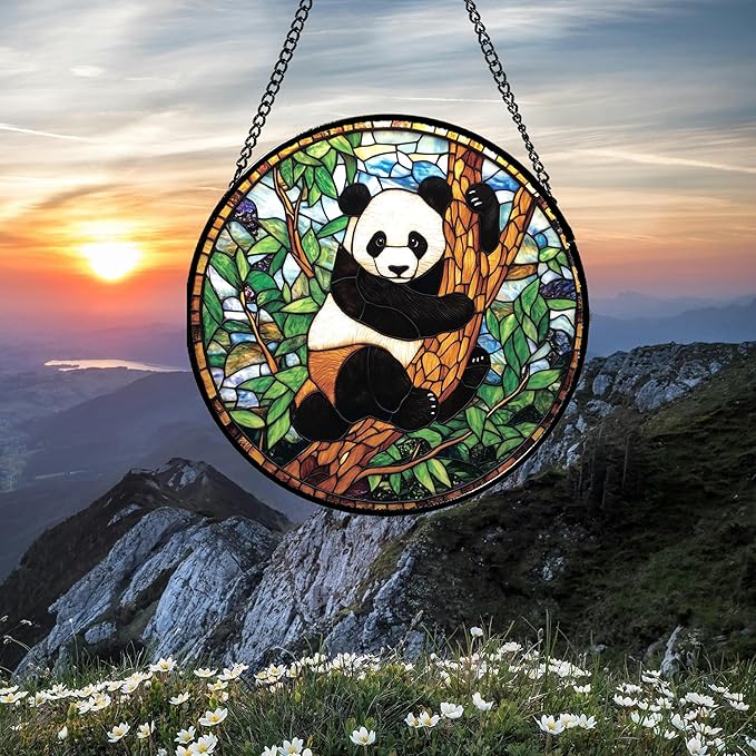 Stained Glass Window Hanging - Cute Panda Suncatcher for Doors Garden Patio Sun Catchers Decor Christmas Mother's Day Birthday Teenager Gifts for Women Men Mom Nana Friend 9.8 in