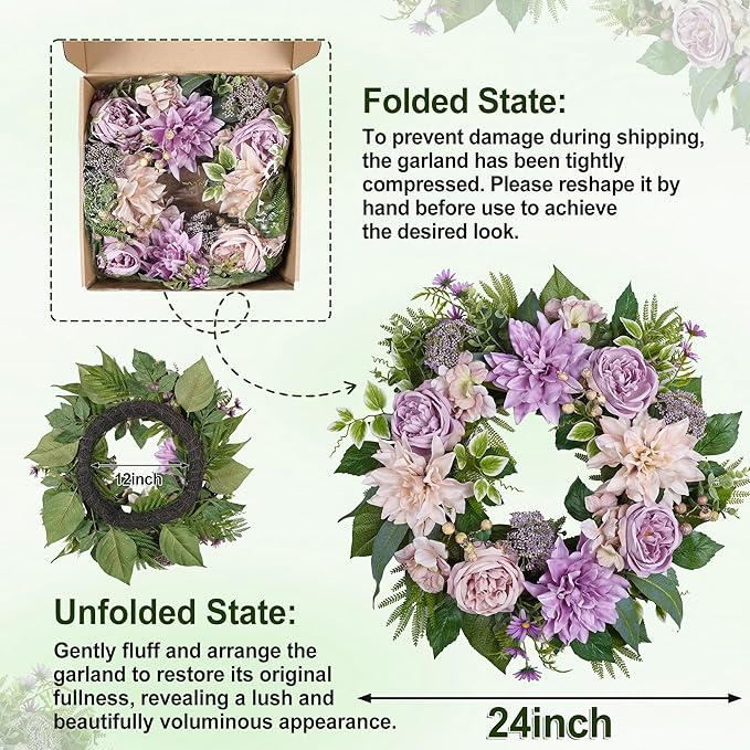 24 Inch Spring Wreath for Front Door with Roses Dahlias Silk Flowers with Berry Greenery for All Seasons Indoor Outdoor Porch Wedding Wall Farmhouse Porch Wall Living Room Home Widding Decor