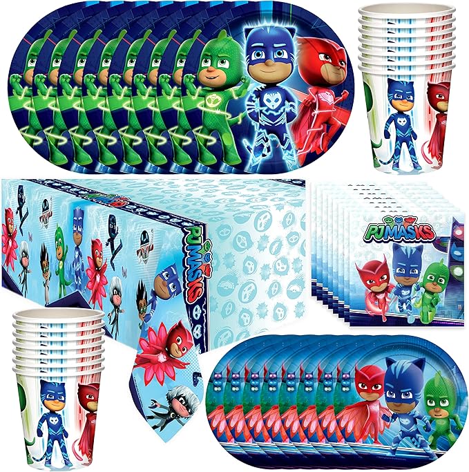 Treasures Gifted Officially Licensed PJ Masks Birthday Party Supplies - Serves 16 Guests - Dinnerware Deluxe Set PJ Masks Party Party Decorations - Tablecloth, Plates, Napkins & Cups