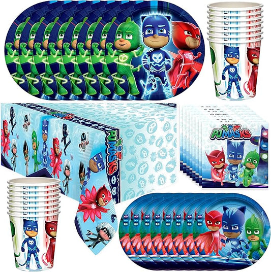 Treasures Gifted Officially Licensed PJ Masks Birthday Party Supplies - Serves 16 Guests - Dinnerware Deluxe Set PJ Masks Party Party Decorations - Tablecloth, Plates, Napkins & Cups