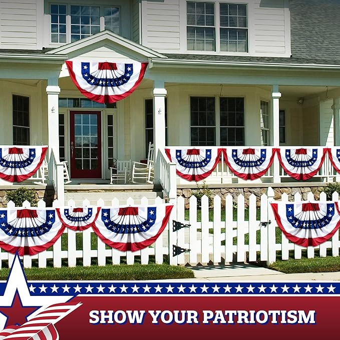 G128 – 3 Pack: USA Pleated Fan Flag, 5x10 Feet American USA Bunting Decoration Flags Embroidered Patriotic Stars & Sewn Stripes Canvas Header Brass Grommets