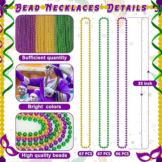 200PCS Mardi Gras Beads, 33" Bead Necklace, Mardi Gras Accessories, Purple Gold Green Party Beads Parade Throws Bulk for Christmas Pirate Wedding Birthday Party Supplies Decor