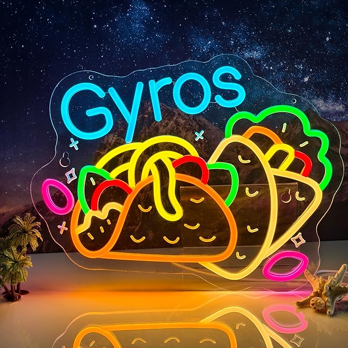 Gyros Neon Sign, Neon Lights Hanging Wall Art Decoration for Greek Restaurant Gyro Shop Deli Food Market Kitchen Home Decor, USB Powered, Ultra Bright & Dimmable, 15.35×11.8 Inches