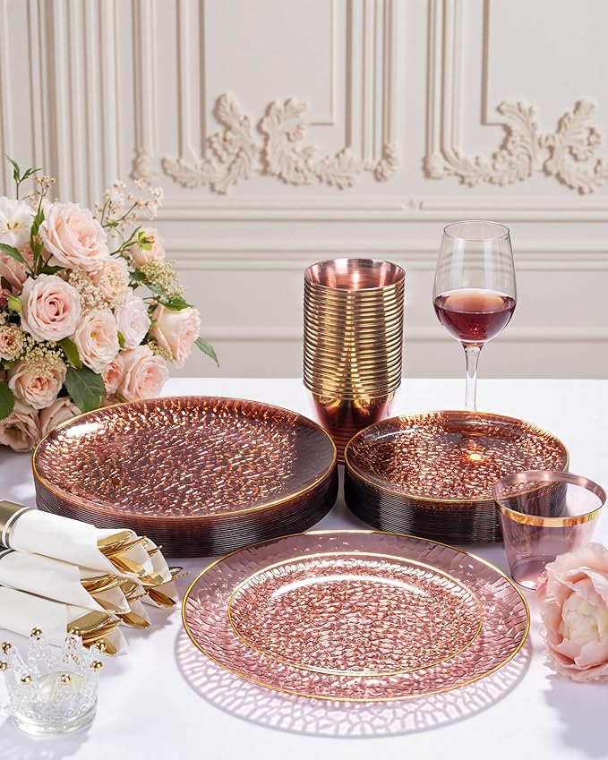 Hioasis 175PCS Clear Burgundy Plastic Plates - Hammered Disposable Dinnerware Set for Party Includes 25 Dinner Tableware, 25 Dessert Tableware,25 Cups,25 Rolled Napkin Cutlery Perfect for Party