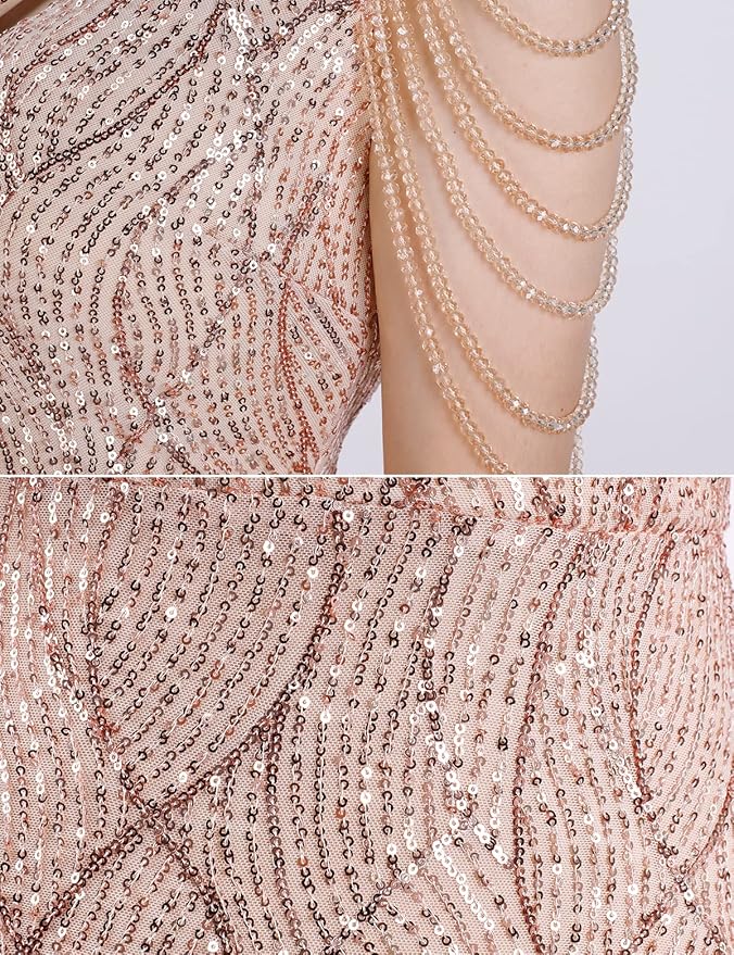 Women One Shoulder 1920s Plus Size Formal Dress Tassels Sleeve Sequins Gatsby Maxi Evening Gown