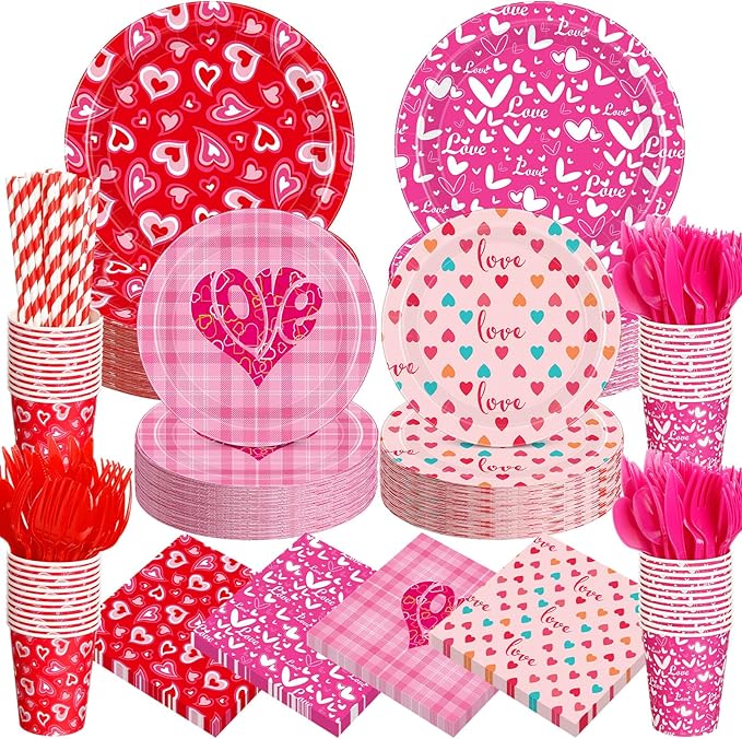 450 Pcs Valentines Tableware Set Decorations, Heart Love Design Paper Plates Napkins Cups Cutlery Straws for Kids Valentine's Day Galentines Day Party Supplies, Serves 50