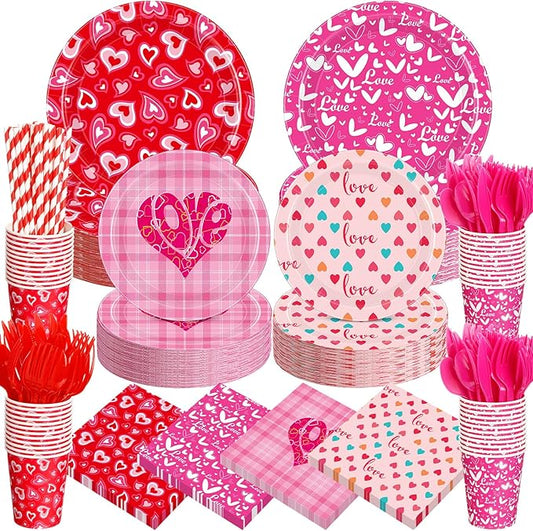 450 Pcs Valentines Tableware Set Decorations, Heart Love Design Paper Plates Napkins Cups Cutlery Straws for Kids Valentine's Day Galentines Day Party Supplies, Serves 50