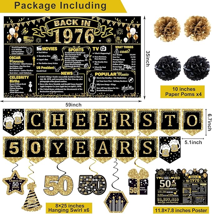 50th Birthday Decorations for Men Women, 103 PCS Back in 1976 Decorations, Vintage 50th Birthday Party Tableware Set for men,Backdrops,Card, banner, paper Poms,Hanging Swirl, Tableware for 24 Guests
