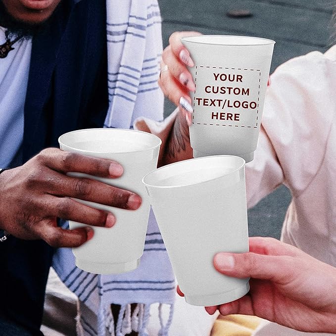 DISCOUNT PROMOS Custom Frosted Plastic Stadium Cups, 50 pack, Promotional Text, Logo, 16 oz. Shatterproof Flexible Reusable Party Cups, Natural