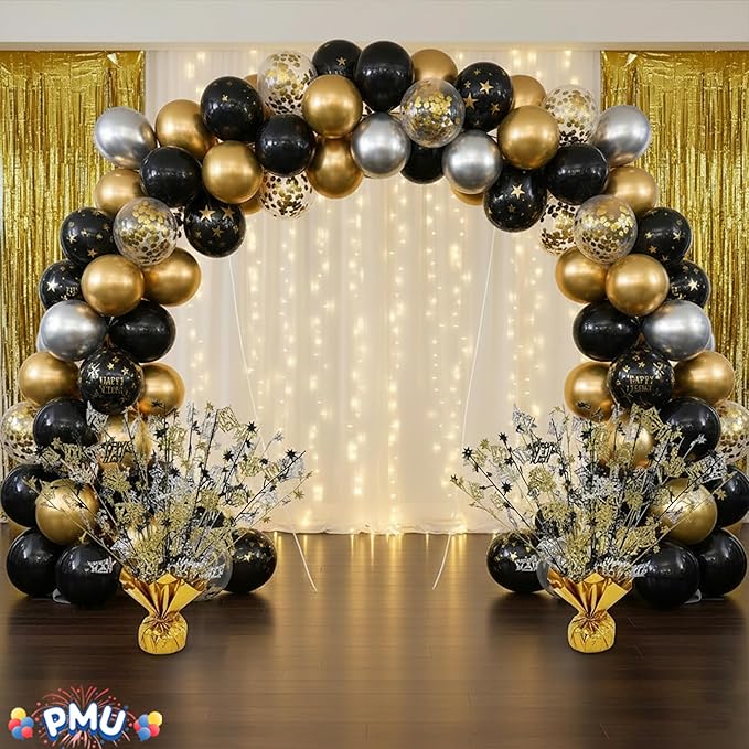 PMU 12Pc New Year's Eve Bursting Centerpiece for Table Decor, Table Balloon Weights| for Theme Party Decorations Supplies Gold |15in