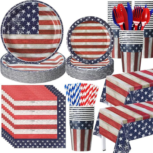452 Pcs 4th of July Party Supplies for 50 Guests, American Flag Patriotic Paper Plates Napkins Cups Tablecloth Cutlery Straw White Red and Blue Tableware for Fourth of July Party Decoration