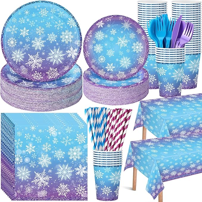 452 Pcs Winter Snowflake Party Decorations Purple Blue Wonderland Disposable Paper Plates Napkins Cups Tablecloth Cutlery Straws for Christmas Holiday Birthday Party Supplies