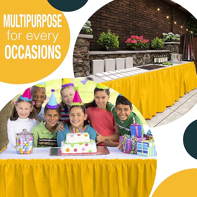 Exquisite Ruffle Table Skirt Yellow 12 Pack 14 Ft Long for Rectangle 6ft Plus or Round Tables With Adhesive Strip for Gender Reveal Decor & Happy Birthday Parties