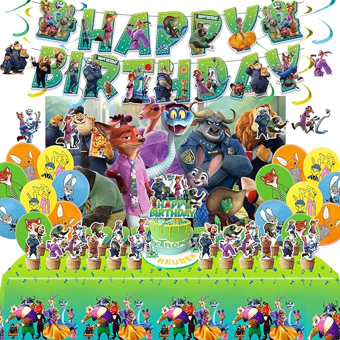 Zootopia Birthday Party Decorations Set - 1 Backdrop (39" x 59"), 1 Big Topper, 1 Tablecloth, 15 Birthday Banner, 24 Cupcake Toppers, 16 Balloons, 6 Hanging Swirls - JungleThemed Game Celebration