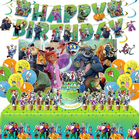 Zootopia Birthday Party Decorations Set - 1 Backdrop (39" x 59"), 1 Big Topper, 1 Tablecloth, 15 Birthday Banner, 24 Cupcake Toppers, 16 Balloons, 6 Hanging Swirls - JungleThemed Game Celebration