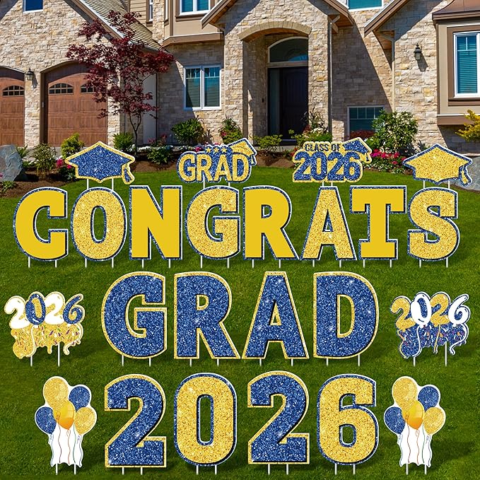 ANVAVO 2026 Congrats Grad Yard Signs Graduation Waterproof Decorations Graduation Yard Sign Decorations Grad Party Outdoor Lawn Decor with Stakes, Royal Blue and Gold