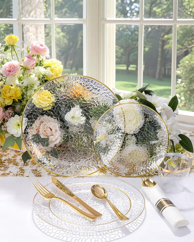 Hioasis 350pcs Clear Gold Plastic Plates - Clear Plastic Dinnerware Set Includes 50 Dinner Plate, 50 Dessert Plate, 50 Cups, 50 Napkins Perfect for Wedding & Party