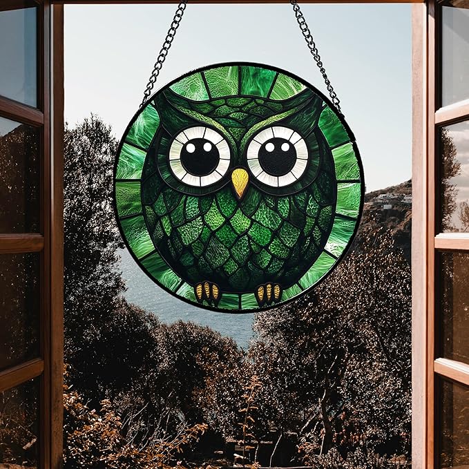 Stained Glass Window Hanging - Green Owl Suncatcher for Doors Garden Patio Funny Bird Sun Catchers Decor Christmas Mother's Day Birthday Teenager Gifts for Women Men Mom Nana Friend 15 in