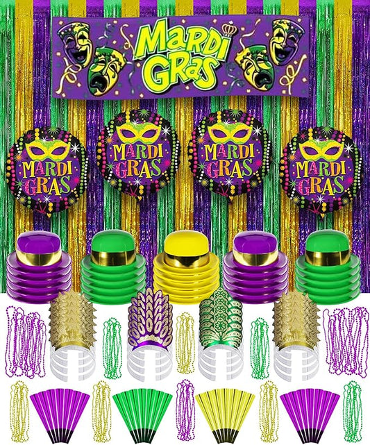 PMU 158 Pc New Year's Eve Party Supplies New Year Decorations Supplies, 2026 Multicolor Mardi Gras Party Kit Assortment for 50 Persons - (Yellow, Purple and Green) for Adults, Men and Women (50/psn)