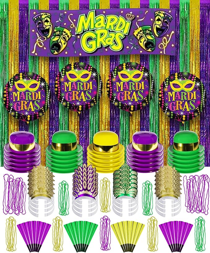 PMU 308 Pc New Year's Eve Party Supplies New Year Decorations Supplies, 2026 Mardi Gras Party Kit Assortment for 100 Persons - (Yellow, Purple and Green) for,Men and Women (100/psn)