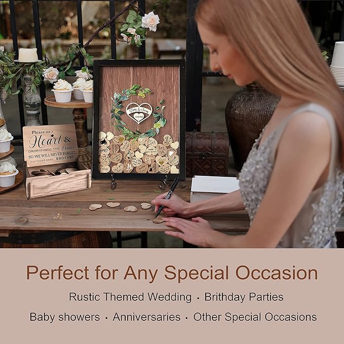 Y&K Homish Wedding Guest Book Alternative, Rustic Wedding Decorations for Reception, Favors for Guests 80 Hearts Green Wreath (Black)