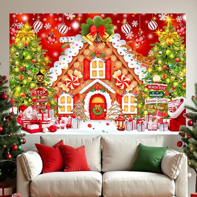 Christmas Backdrops for Photography, Gingerbread House Photo Backdrop for Wall Photoshoot, Xmas Background Holiday Party Decorations 8x6FT