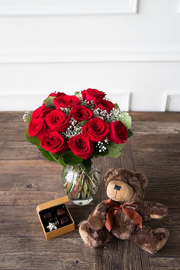 From You Flowers - One Dozen Red Roses & Chocolate & Teddy Bear with Glass Vase | Fresh Flower Bouquets for Birthday, Anniversary, Get Well or Celebration