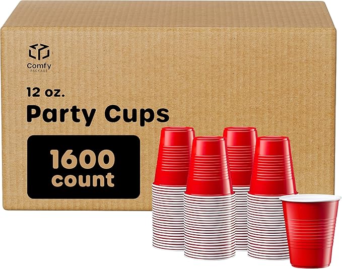 Comfy Package [Case of 1,600 12 oz. Disposable Plastic Red Cups, Party Drinking Cups for Events and Everyday Use