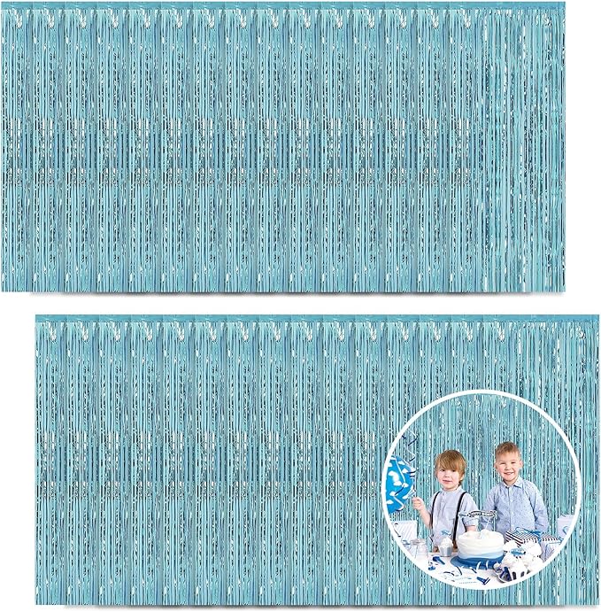 30 Pack Light Blue Foil Fringe Curtain Backdrop, 3.3x8.2 Feet Metallic Tinsel Streamer Curtains Photo Booth Props for Baby Shower/Bachelorette/Graduation/Birthday/Ocean Theme Party Decorations
