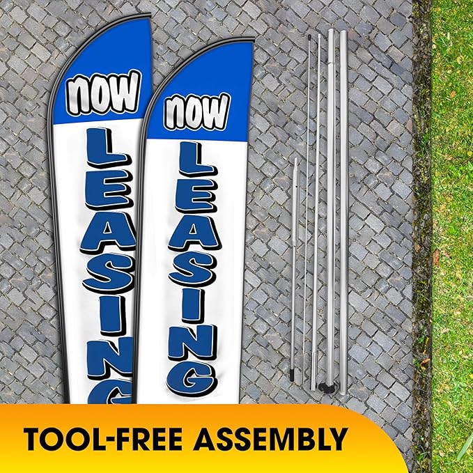 OnPoint Wares Now Leasing King Feather Flag Kit - 3 Pack, 2.5 ft x 12 ft, Blue & White, Leasing Promotion, Outdoor Advertising, Property Promotion
