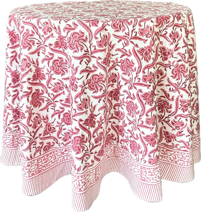 ATOSII Red Bloom 100% Cotton Round Boho Fall Tablecloth, Handblock Floral Table Cloth Linen for Kitchen Dining I Parties Wedding Outdoors Thanksgiving Easter Picnic I Fall Home Decor 90" Inches Round