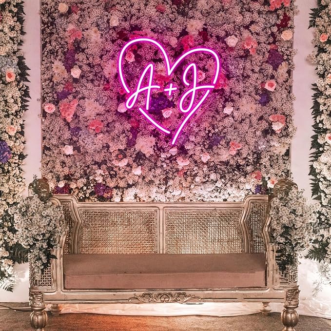 Custom Wedding Initials Neon Sign Couple Initials LED Heart Neon Light Up Sign for Wedding Engagement Party Backdrop Wall Decor Personalized Gifts
