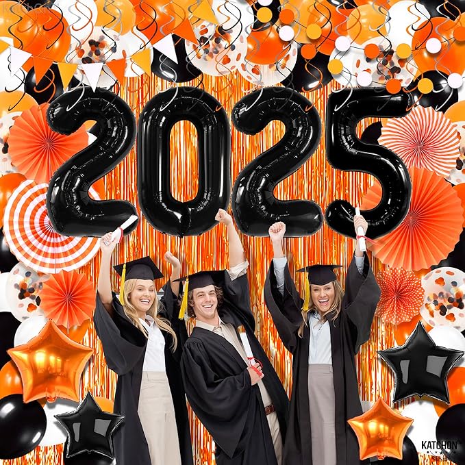 KatchOn, 2025 Orange and Black Graduation Balloon Arch Kit 2025 - Huge, Pack of 168 | Grad Decor 2025 | Orange Fringe Backdrop | Graduation Decorations 2025, Grad Party Decorations