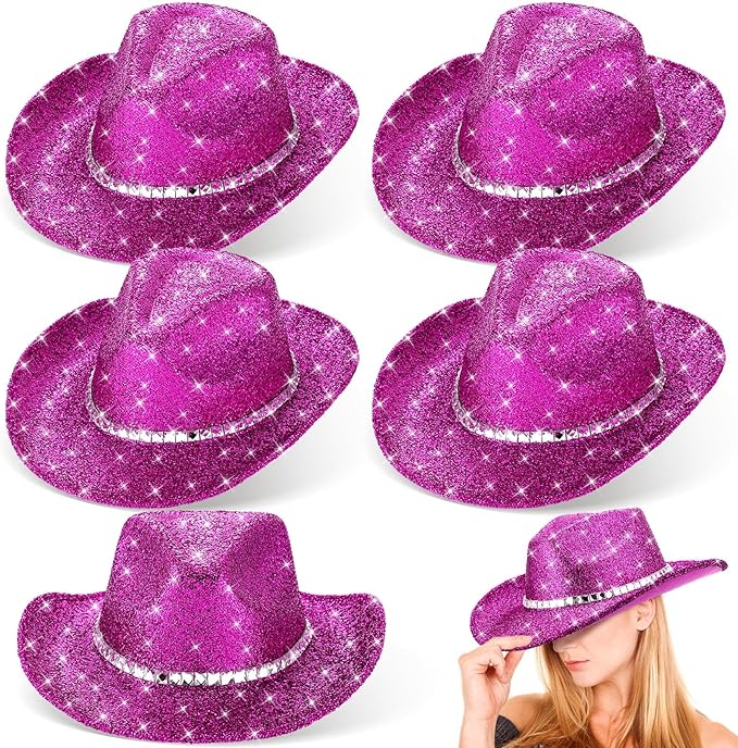 Hercicy 6 Pack Western Cowboy Hats with Rhinestone Tassel Bands Sequin Trim Sparkly Cowgirl Party Hats for Adults Women Men
