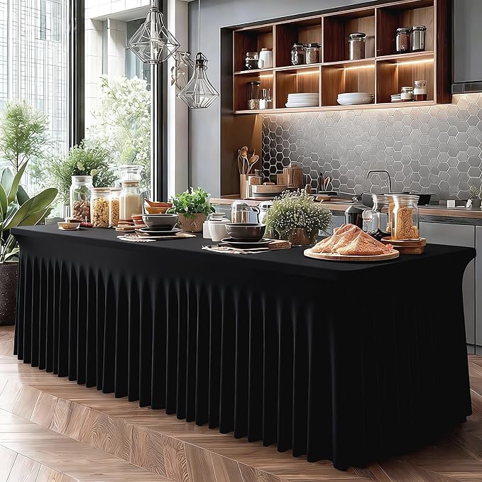 6 Packs Black Table Clothes for 6 Foot Rectangle Tables, Wrinkle Resistant Stretch Spandex Table Covers Fitted Tablecloth with Skirt for Event Banquet Wedding Birthday Party