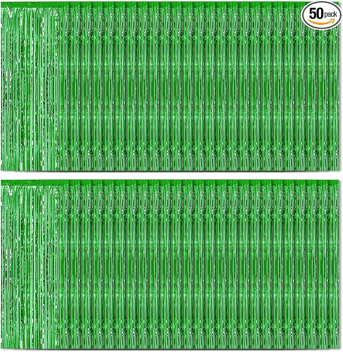 Green Foil Fringe Curtains 50 Pack 3.2ft x 8.2ft Fringe Backdrop Curtains Metallic Tinsel Streamer Photo Backdrop for Birthday Party Decorations Halloween Christmas Party Supply (Green)