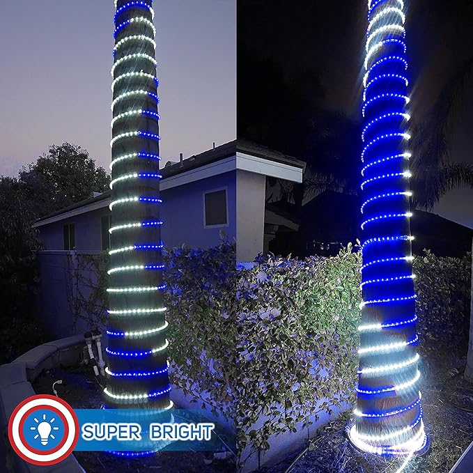 Russell Decor 100FT 1080 LED Rope Lights Indoor Outdoor Lighting for Christmas Snow Theme Decoration for Party Trees Patio Deck Flexible String Lights (White Blue)