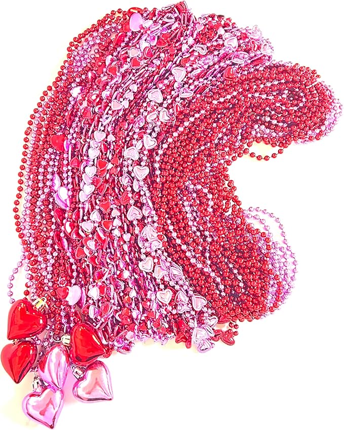 72 Pcs Valentines Day Heart Shaped Bead Necklaces Bulk Bachelorette Red Pink Love Sweet Beads Necklaces Valentine's Party Heart Shaped Decorations Gifts Supplies