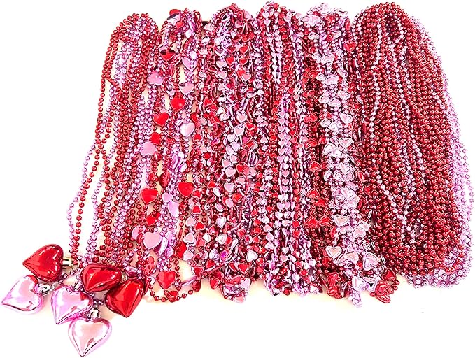 72 Pcs Valentines Day Heart Shaped Bead Necklaces Bulk Bachelorette Red Pink Love Sweet Beads Necklaces Valentine's Party Heart Shaped Decorations Gifts Supplies