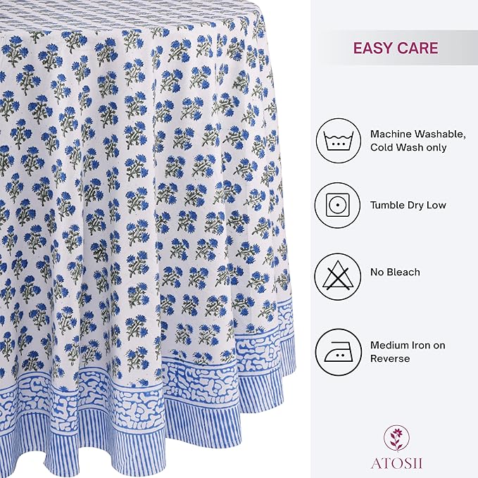 ATOSII Gulbahar Blue 100% Cotton Fall Round Tablecloth, Handblock Print Floral Table Cloth for Kitchen Dining Linen I Thanksgiving, Christmas, Weddings, Outdoors, Parties I 60" Inches I 4 Seater Table