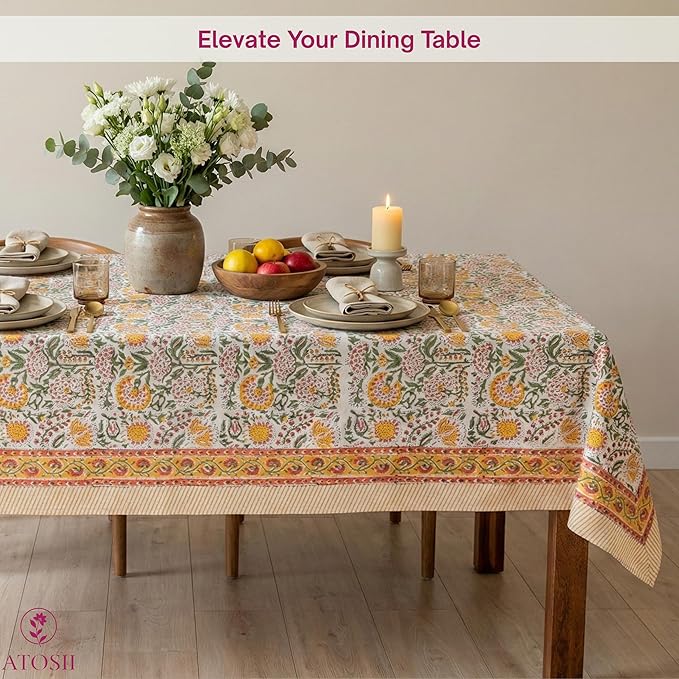 ATOSII Clover Yellow 100% Cotton Rectangle Fall Tablecloth, Handblock Floral Print Linen Table Cloth for Kitchen Dining I Parties, Outdoors, Christmas, Thanksgiving I 72 X 140 Inches I 12 Seater