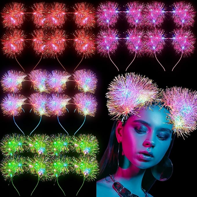 Juexica 16 Pcs Light up Cat Ears Headband with Color Change LED Cat Headband Rave Hair Accessories for New Year Party(Bright Color)