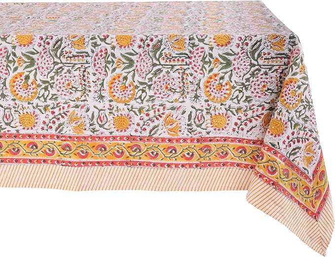 ATOSII Clover Yellow 100% Cotton Rectangle Fall Tablecloth, Handblock Floral Print Linen Table Cloth for Kitchen Dining I Parties, Outdoors, Christmas, Thanksgiving I 72 X 120 Inches I 10 Seater