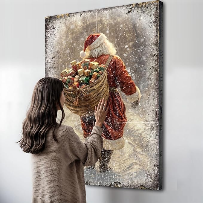 TAILORED CANVASES Vintage Santa Claus Christmas Wall Decor, Rustic Farmhouse Holiday Canvas Featuring Classic Snow Scene, Unique Art Print for Home Living Room Christmas Decoration 12x18