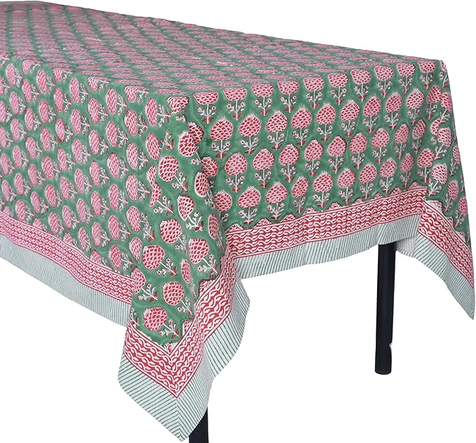 ATOSII Roma Green 100% Cotton Rectangle Spring Summer Tablecloth, Handblock Floral Table Cloth Linen for Kitchen Dining I Parties Wedding Outdoors Easter Picnics Holidays I 72 X 120 Inches I 10 Seater