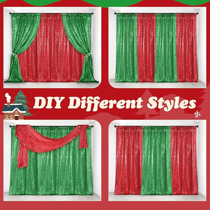 137 Pcs Red Green Christmas Party Backdrop Kits-4 Sequin Curtains Backdrop 133 Balloon Arch Kit, Glitter Photo Background for Xmas New Year Eve Birthday Wedding Anniversary Baby Shower