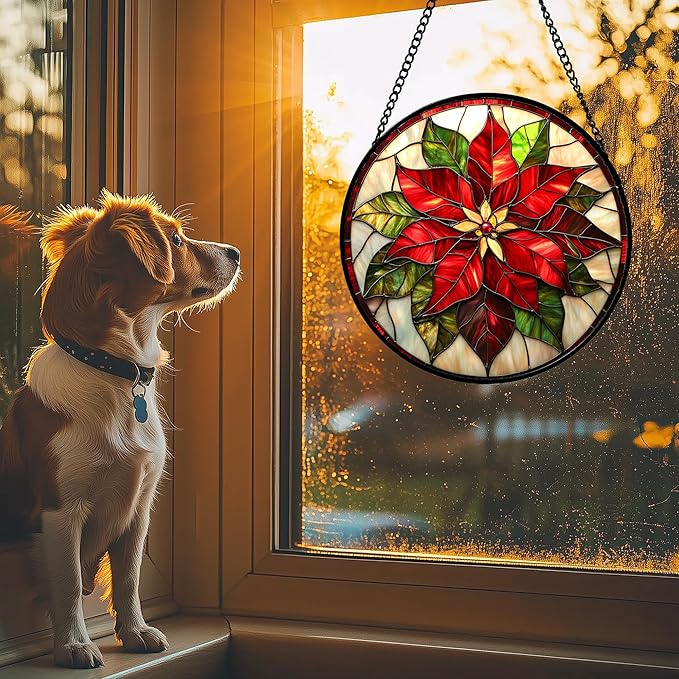Stained Glass Window Hanging - Red Poinsettia Birth Flowers Suncatcher for Door Garden Yard Sun Catchers Decor Christmas Mother's Day Birthday Gifts for Women Mom Nana Teacher Friend 15 in